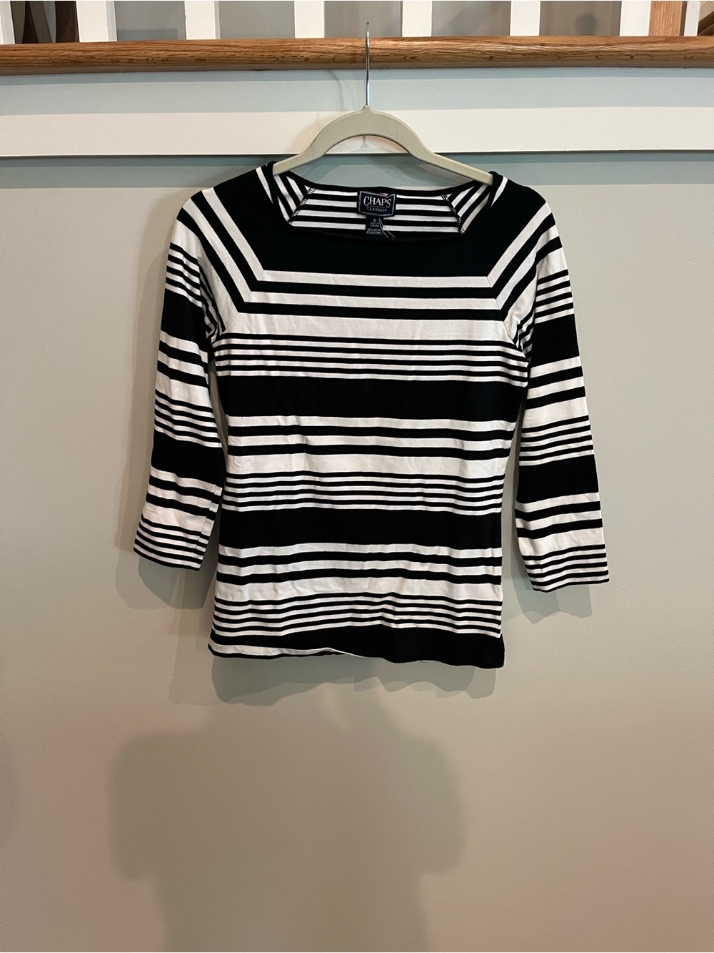 Chaps Black & White Striped 3/4 Sleeve Boatneck Top